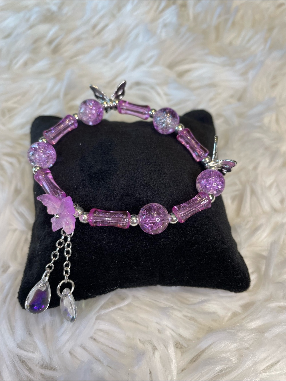 Purple Butterfly Crackle Bead Stretch Bracelet